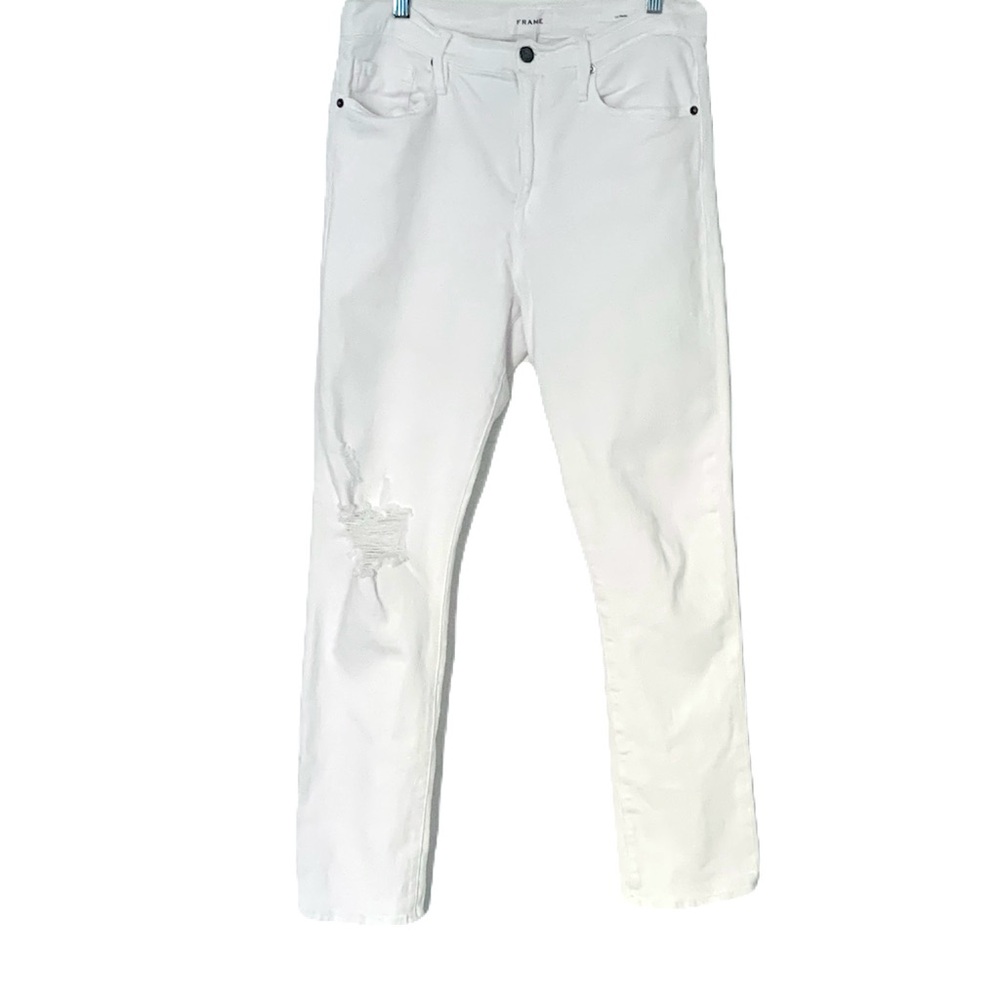 Frame Denim Womens 28 White Le Beau Distressed Straight Leg Jeans Casual Denim